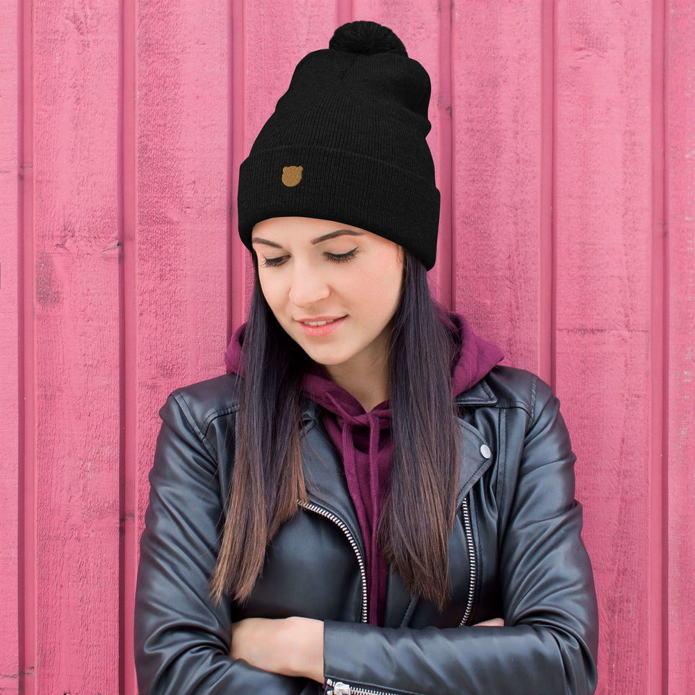 Classic Kuma Embroidered Pom-Pom Beanie