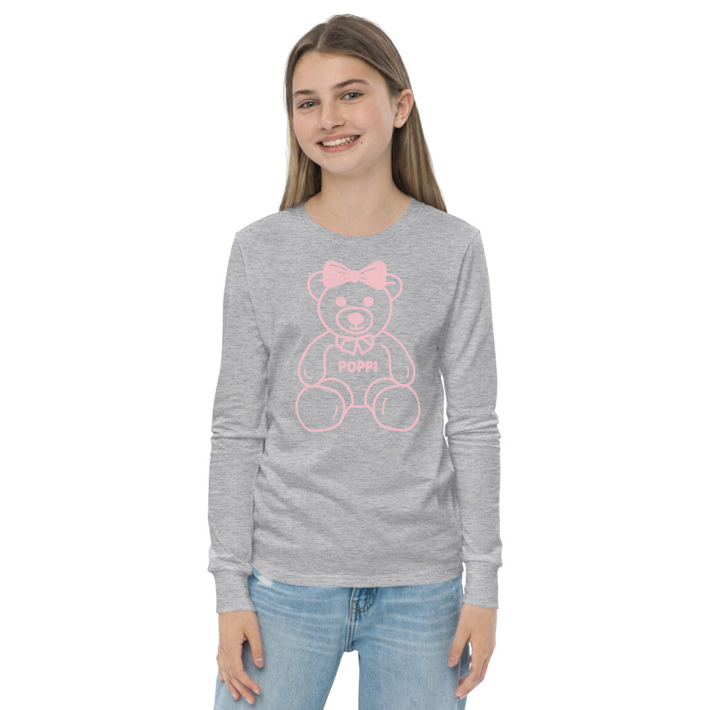 Custom Name Pink Bow Teddy Youth Long Sleeve Shirt