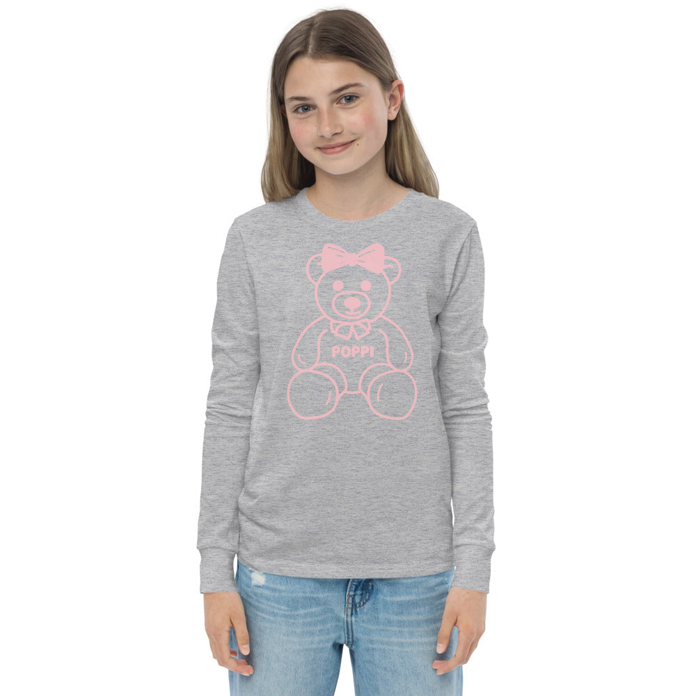 Custom Name Pink Bow Teddy Youth Long Sleeve Shirt