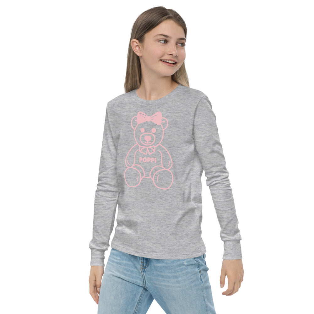 Custom Name Pink Bow Teddy Youth Long Sleeve Shirt