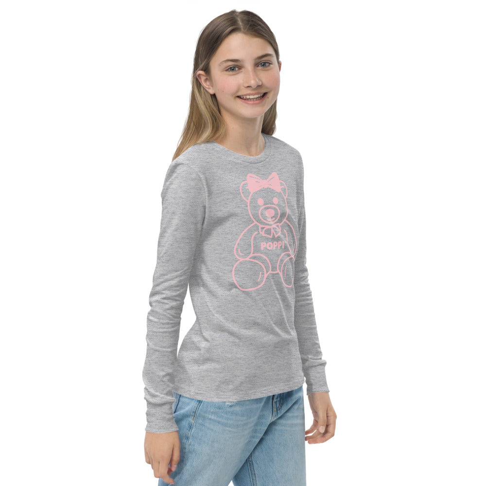 Custom Name Pink Bow Teddy Youth Long Sleeve Shirt