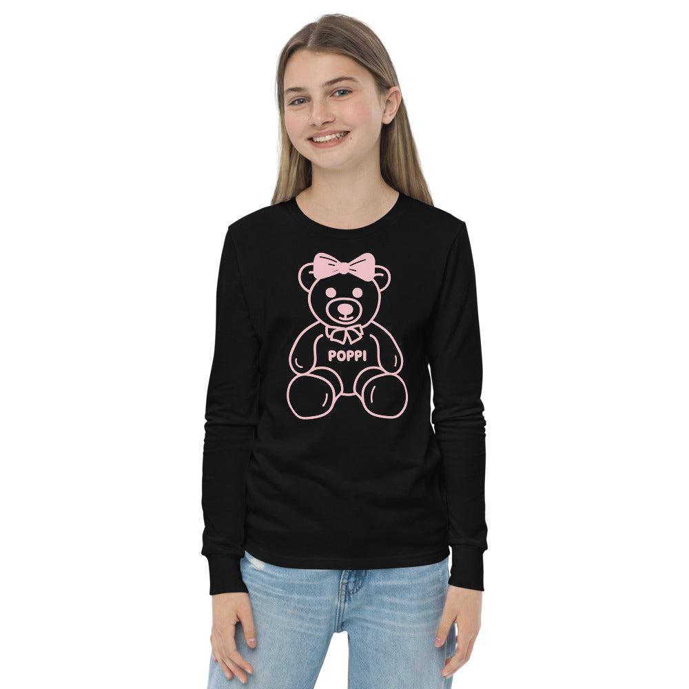 Custom Name Pink Bow Teddy Youth Long Sleeve Shirt