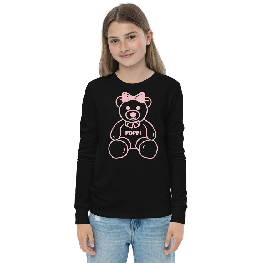 Custom Name Pink Bow Teddy Youth Long Sleeve Shirt
