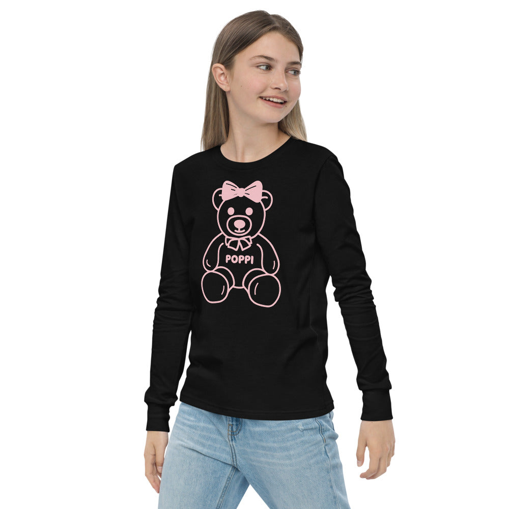 Custom Name Pink Bow Teddy Youth Long Sleeve Shirt