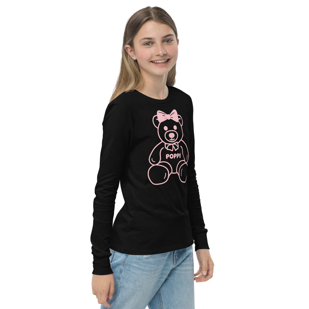 Custom Name Pink Bow Teddy Youth Long Sleeve Shirt