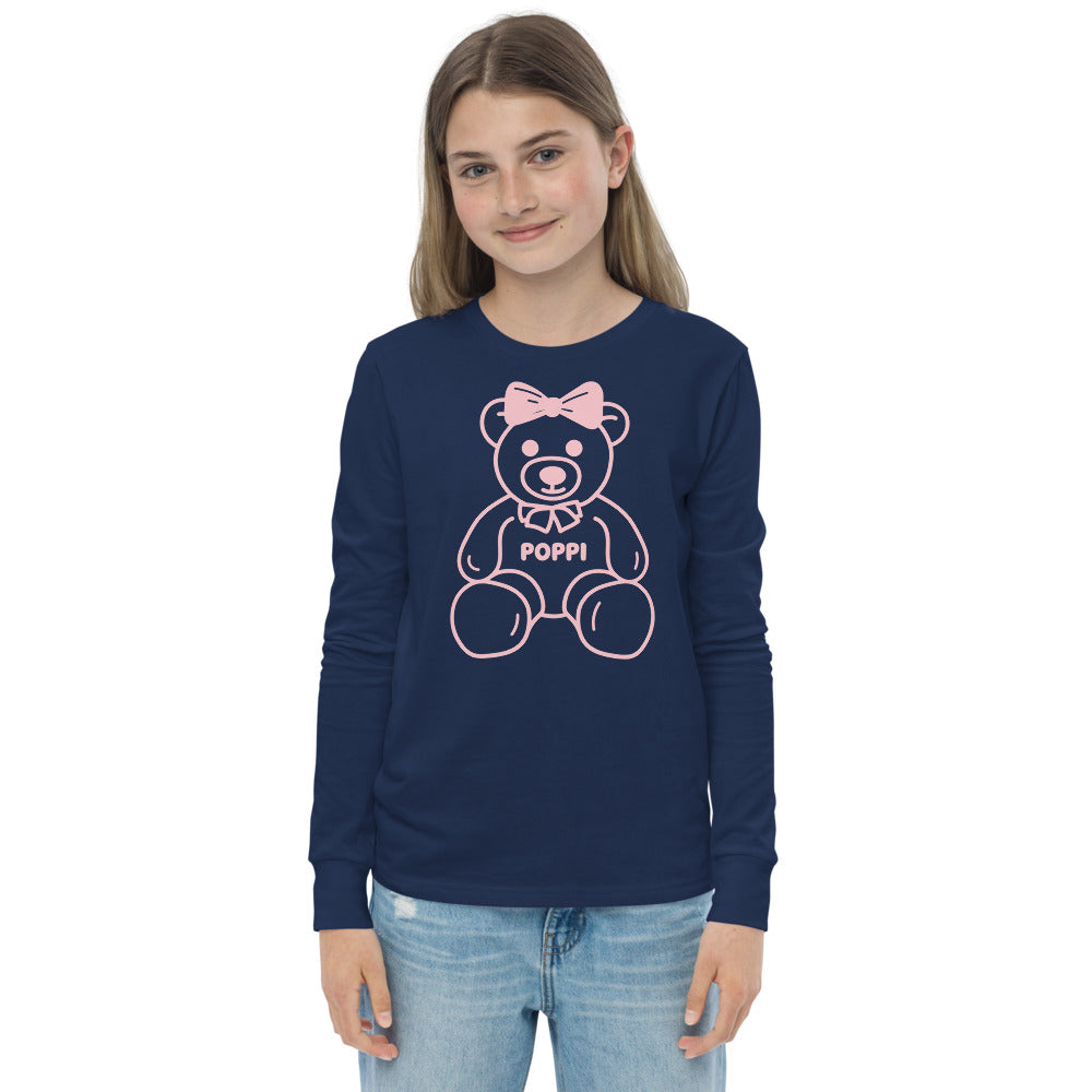 Custom Name Pink Bow Teddy Youth Long Sleeve Shirt