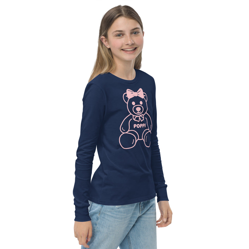 Custom Name Pink Bow Teddy Youth Long Sleeve Shirt