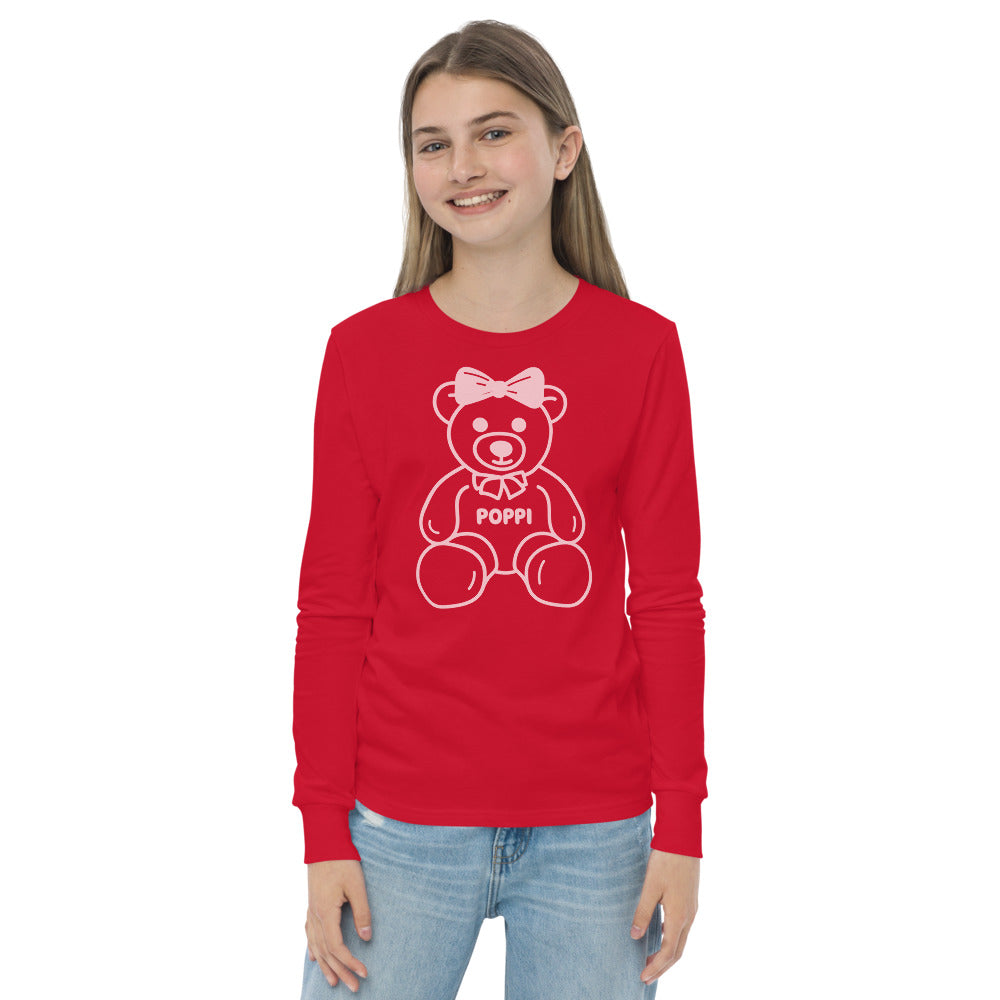 Custom Name Pink Bow Teddy Youth Long Sleeve Shirt