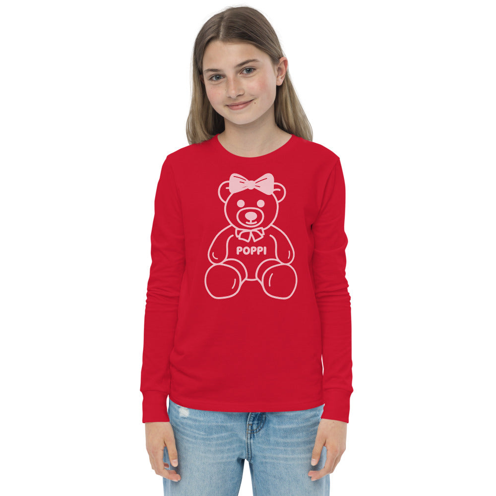 Custom Name Pink Bow Teddy Youth Long Sleeve Shirt