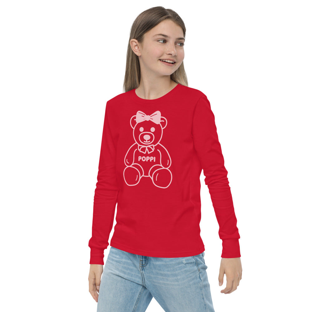 Custom Name Pink Bow Teddy Youth Long Sleeve Shirt
