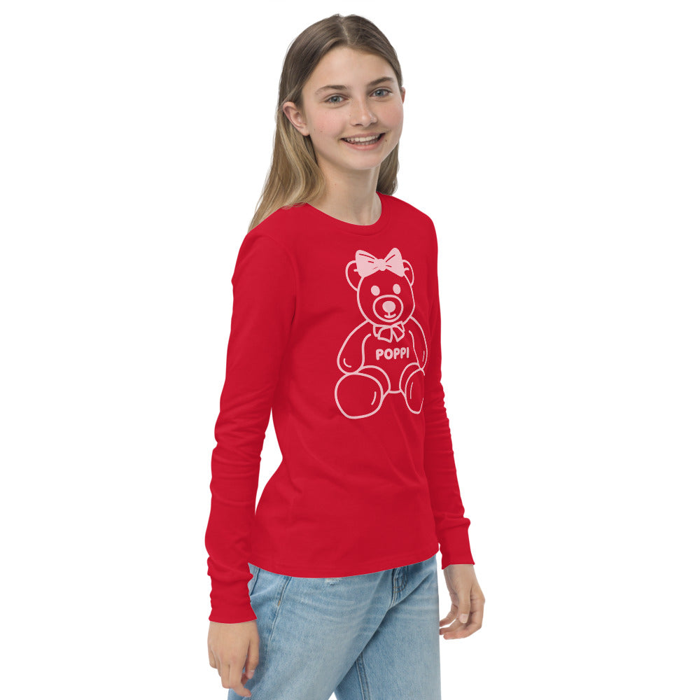 Custom Name Pink Bow Teddy Youth Long Sleeve Shirt