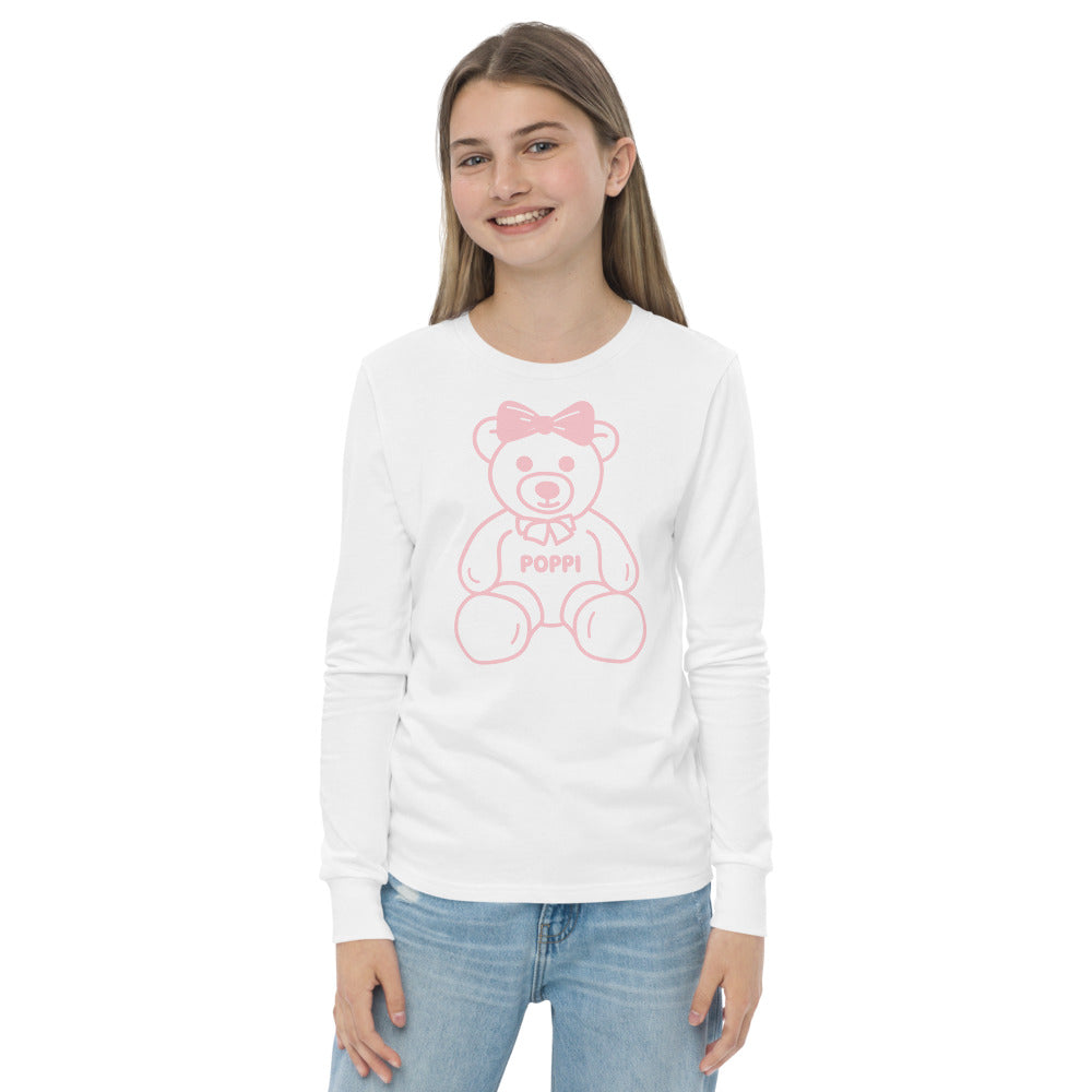 Custom Name Pink Bow Teddy Youth Long Sleeve Shirt