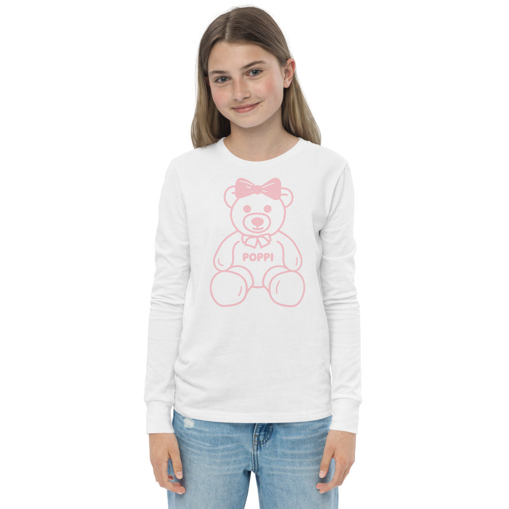 Custom Name Pink Bow Teddy Youth Long Sleeve Shirt