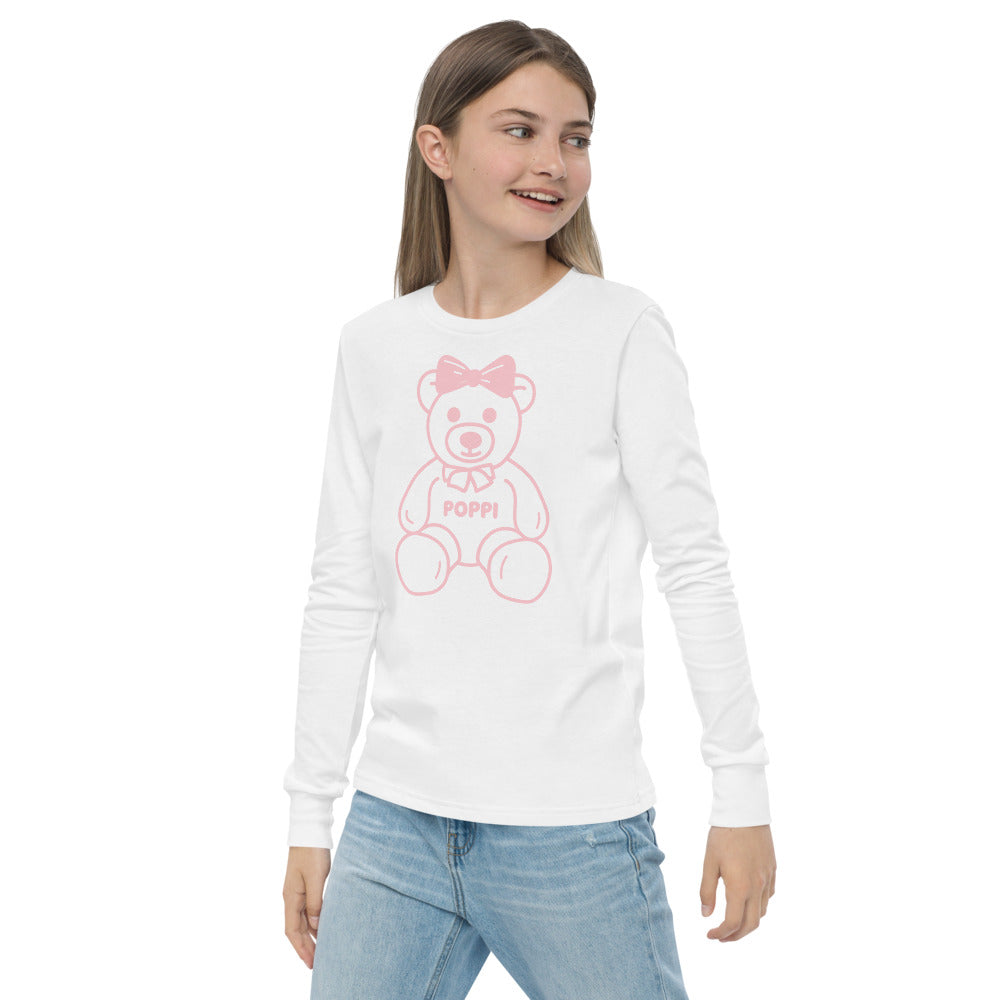 Custom Name Pink Bow Teddy Youth Long Sleeve Shirt