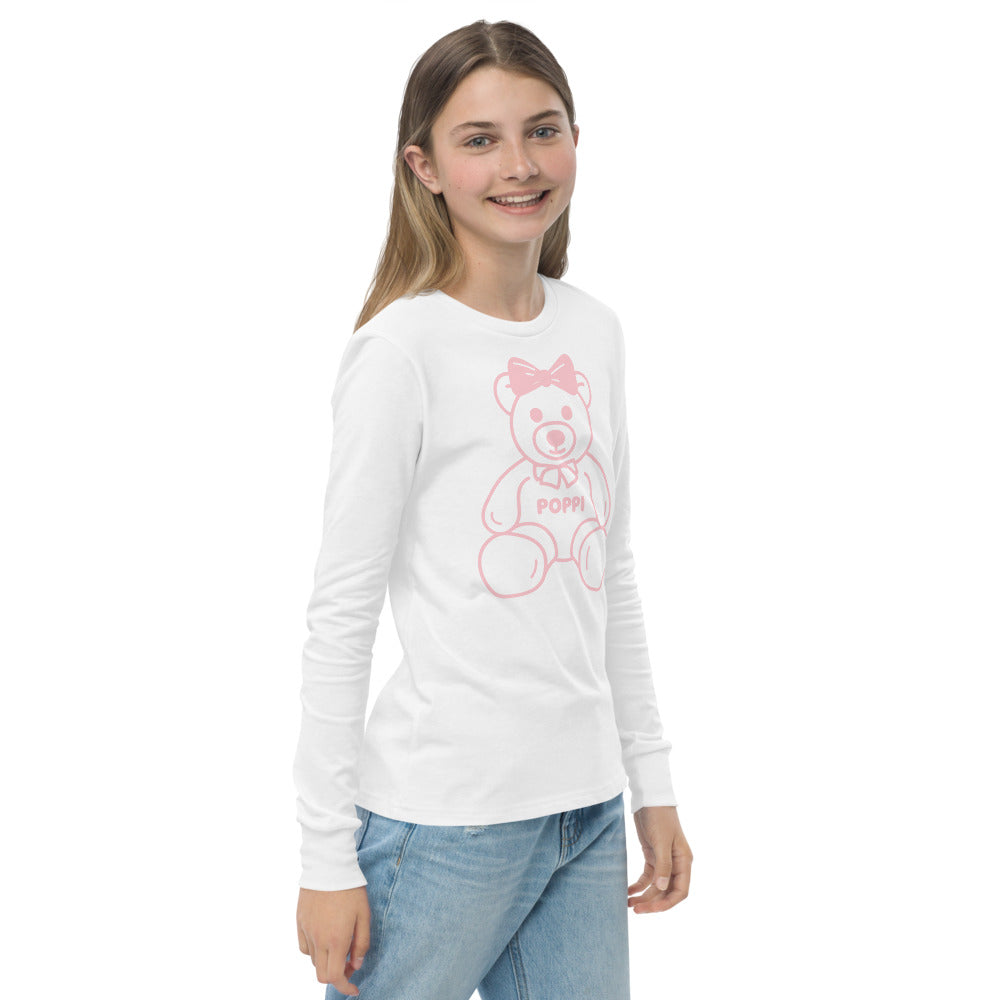 Custom Name Pink Bow Teddy Youth Long Sleeve Shirt