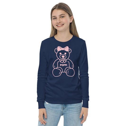 Custom Name Pink Bow Teddy Youth Long Sleeve Shirt